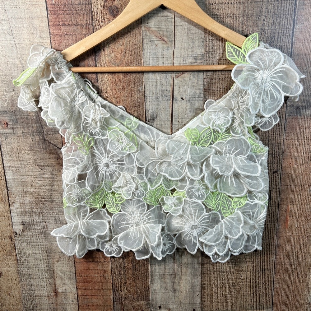 By Anthropologie XS Sheer 3D Floral Applique Crop Top Ivory Green Boho Blouse